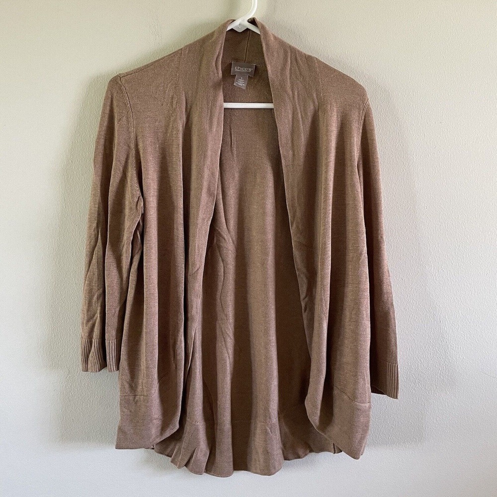 Chico's Open Front Cardigan‎ Sweater Size Medium Tan 3/4 Sleeve Rayon Soft